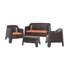 Combo de jardín estilo ratán de 4 piezas color café, 1 sofá dúo + 2 sillones individuales + 1 mesa de centro