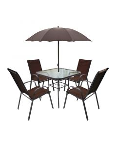 Set de jardín 4 sillas + mesa cuadrada de vidrio + sombrilla