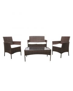 Set de jardín estilo ratán 4 piezas, acabado café, 1 sofá dúo, 2 sofás individuales y mesa de centro