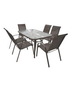 Set de jardín, 7 piezas, negro, café claro o café oscuro, mesa: 90 x 150 x 71cm, 6 sillas: 53 x 73 x 90cm