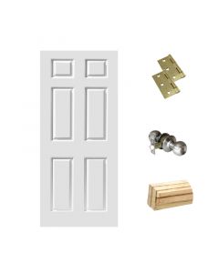 Combo de puerta skin de 6 tableros 55-90x210cm + Mocheta con moldura + Bisagras + Pomo con llave