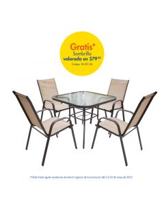 Set de jardín 4 sillas beige + mesa cuadrada de vidrio