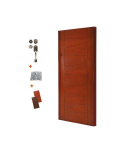 Combo de puerta de cedro asiático, caoba con diseños y líneas diagonales o nogal con diseño media luna, (95 x 207) cm + cerradura principal + bisagras + mocheta